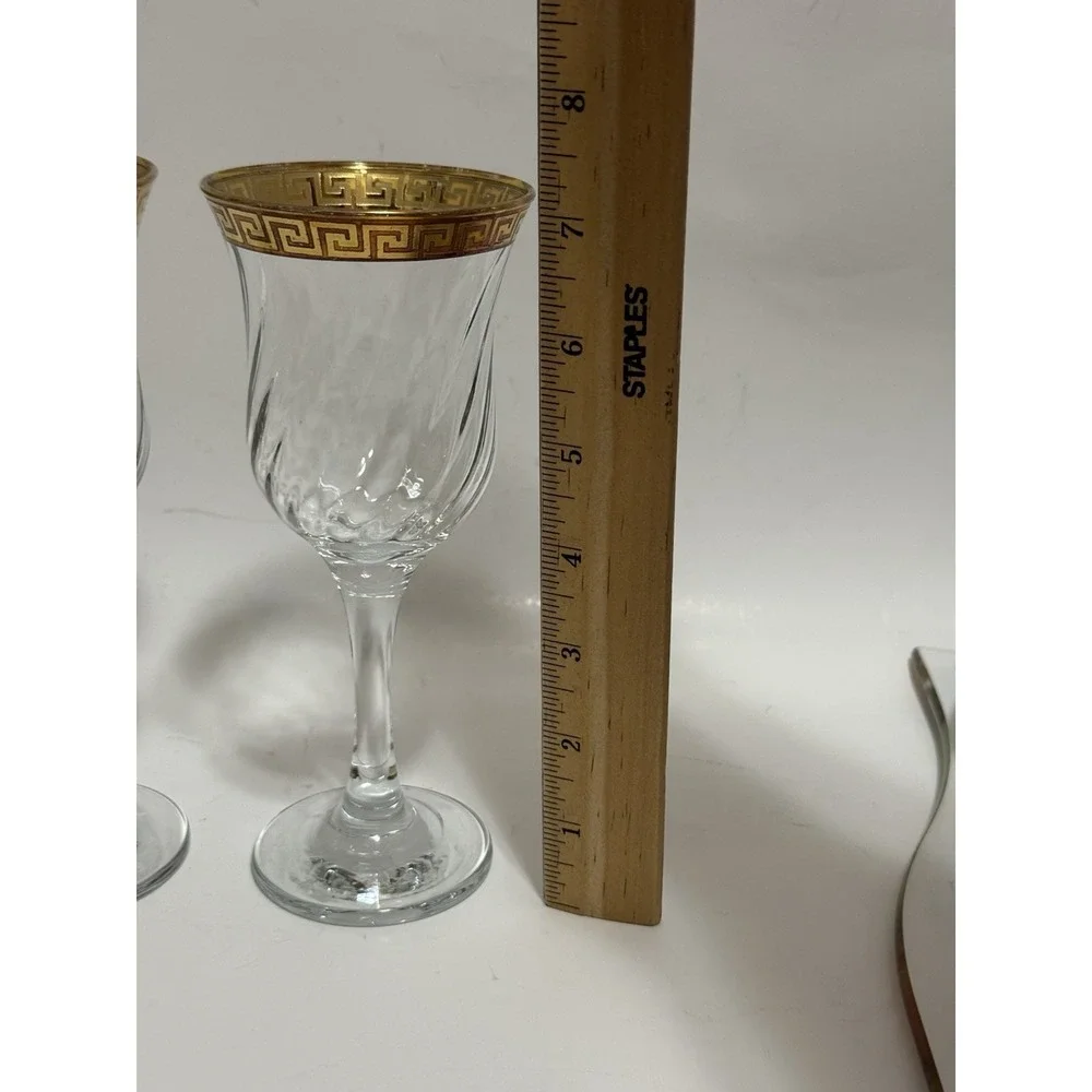 Vintage Gold Greek Key Wine Glasses Set‎ of 2 Optic Swirl Bowl Elegant Barware